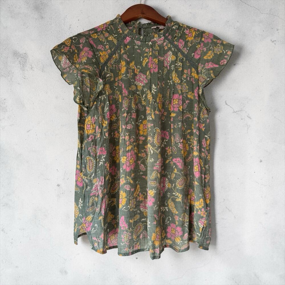 Nanette Lepore Women's Blouse Size M Green Floral Mock Neck Sheer Feminine
